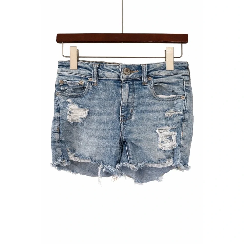 American Eagle Midi Denim Shorts Womens 0 Light Blue Distressed Raw Hem